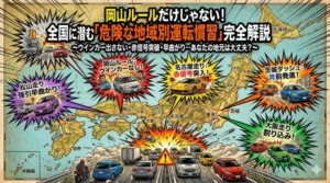 日本地図を背景に、岡山、名古屋、茨城など全国各地の危険な「ご当地走り」のシーンと、大きな警告マーク、「あなたの地元は大丈夫？」というタイトルを描いたアイキャッチイラスト。