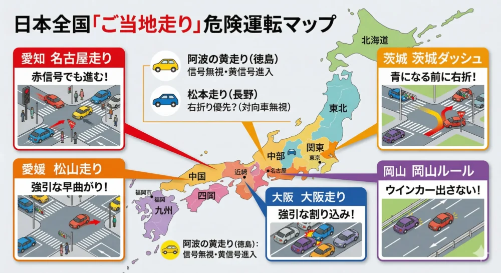 日本各地のご当地危険走り(名古屋走り、茨城ダッシュ、松山走り、大阪走りなど)の特徴を日本地図上にまとめたインフォグラフィック。