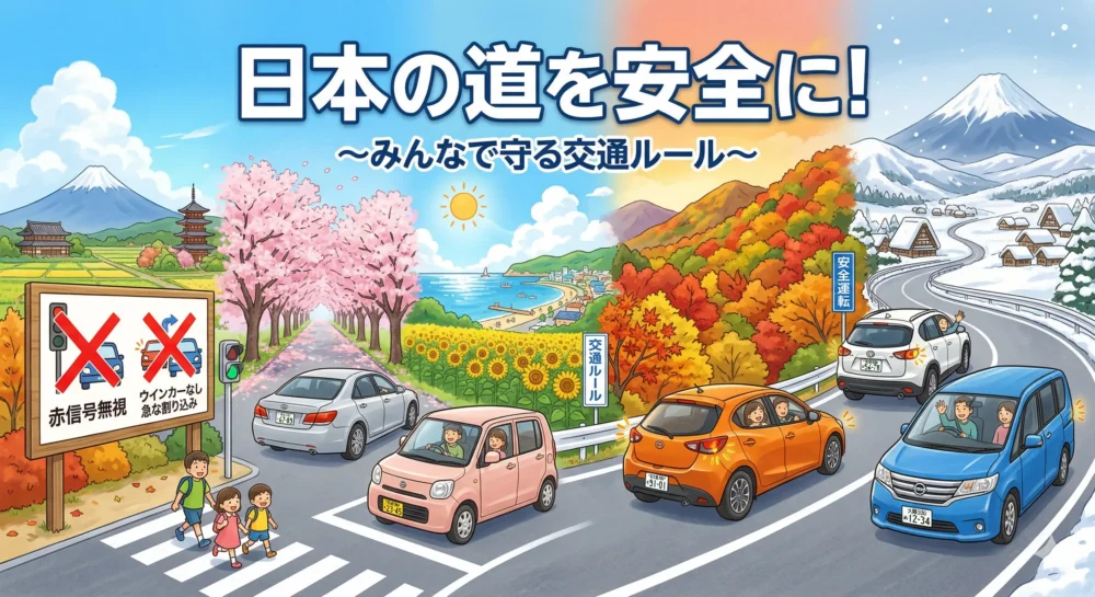 日本各地の車がルールを守り、安全で快適な道路を笑顔で運転する、希望を感じさせる「安全運転のまとめ」のイラスト。