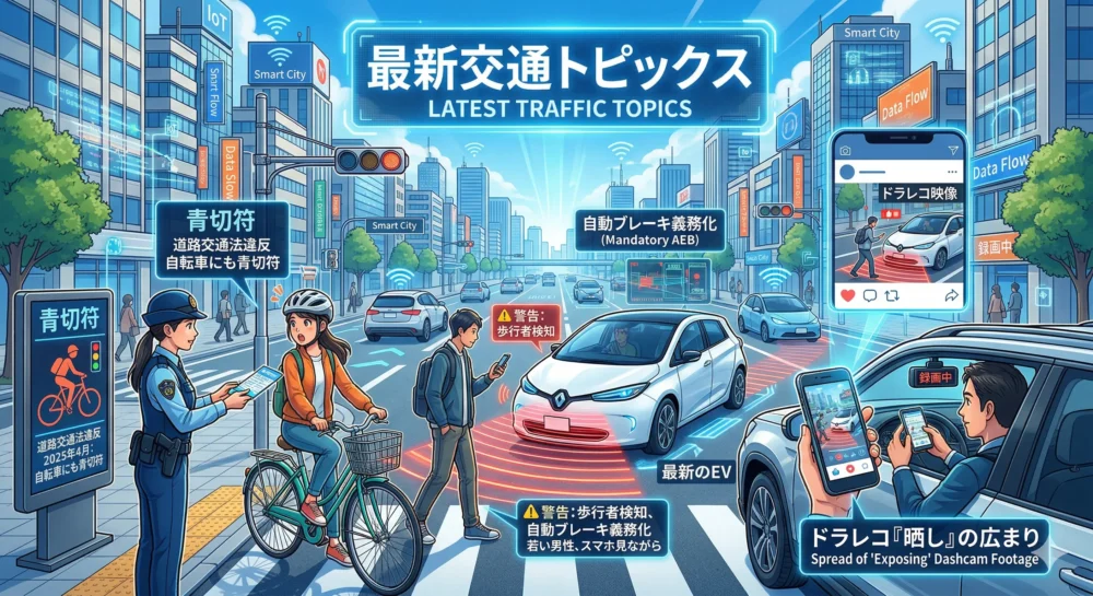 自転車の青切符制度(2025年4月施行)、自動ブレーキ義務化、ドラレコによる危険運転のSNS投稿など、最新の交通安全トピックスを描いたイラスト。