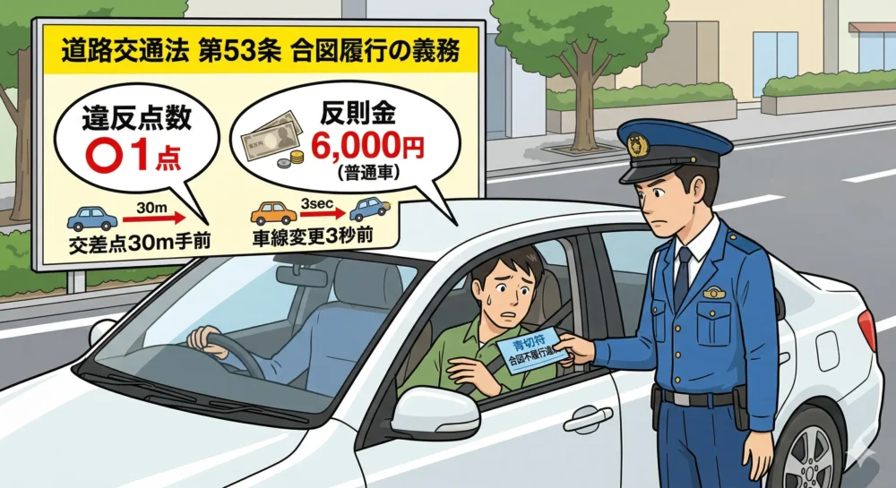 ウインカー不使用(合図不履行違反)で警察官に切符を切られ、罰則(点数・反則金)の内容が表示されているイラスト。