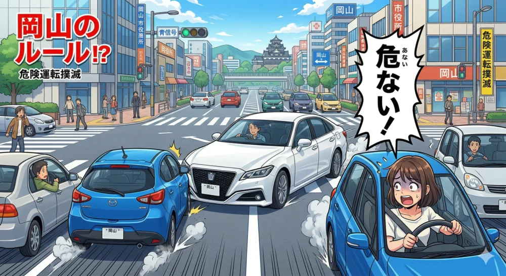 岡山県の道路でウインカーを出さずに車線変更しようとし、後続車が急ブレーキを踏む「岡山ルール」を描いたイラスト。