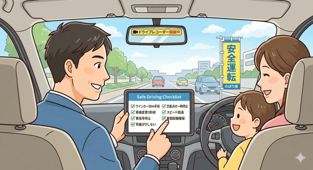運転手が「ウインカーのタイミング」「黄信号停止」などの安全運転チェックリストを確認し、事故防止に努める様子を描いたイラスト。