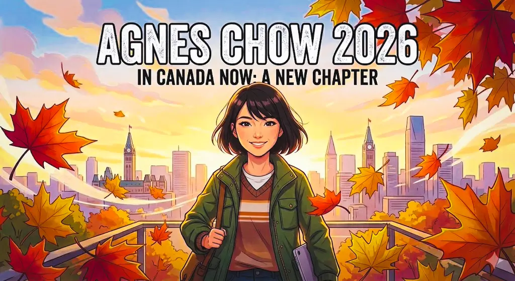 2026年現在の周庭（アグネス・チョウ）さんのカナダ生活やYouTube活動について解説する記事のアイキャッチ画像。希望に満ちた表情の若い女性活動家と、カナダの風景を背景に「Agnes Chow 2026」の文字が描かれています。