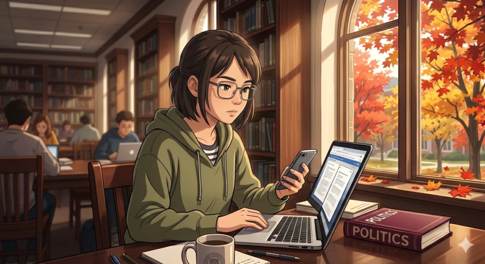 カナダの大学図書館で勉強する周庭（アグネス・チョウ）さんに似た女性のイラスト。2026年現在の彼女の生活を象徴する。