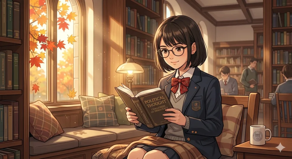 周庭（アグネス・チョウ）さんの生い立ちやプロフィールを解説。中学生時代から政治に目覚め、勉学に励む若き日の姿をイメージしたイラスト。