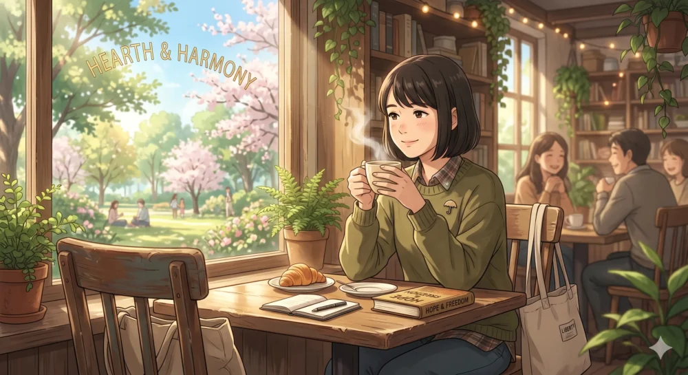 自由と民主主義を信念に持ちつつ、友人との時間など「普通の幸せ」を願う周庭（アグネス・チョウ）さんの等身大の姿を描いたイラスト。