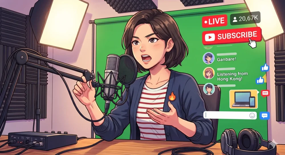 自宅スタジオからYouTubeで発信する周庭（アグネス・チョウ）さんに似た女性のイラスト。彼女の現在の活動を示す。