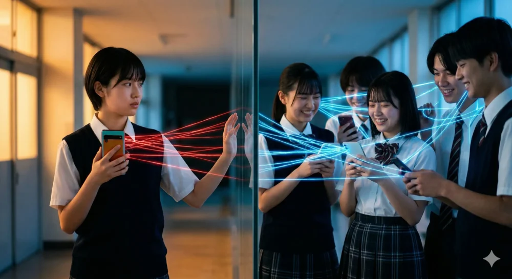 中学校の廊下で、透明なガラスの壁を挟んで、明るい青い光の糸で接続された複数のスマートフォンと、そこから切断された赤い光の糸を持つ異なるスマートフォンを持つ人物の疎外感を描いた様子。いじめの実態と背景を象徴的に表現。