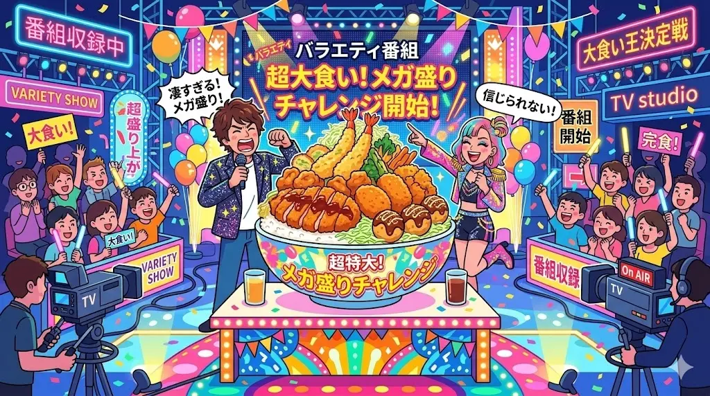 有吉ゼミの人気コーナー「チャレンジグルメ」に登場する超巨大なデカ盛り料理のイラスト