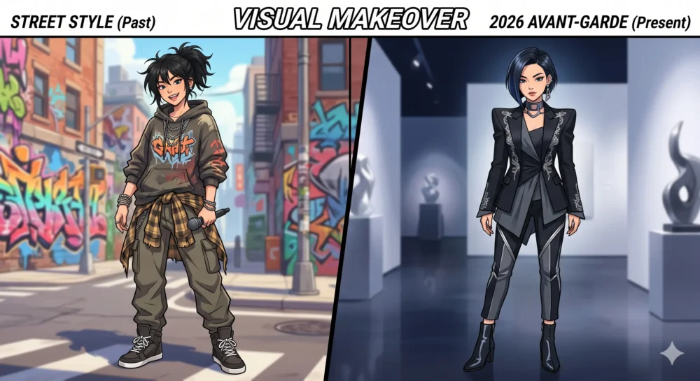 ストリート系ファッションから2026年最新の洗練されたアバンギャルドなスタイルへと激変した女性アーティストのビジュアル比較イラスト