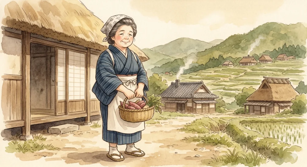 朝ドラ「ばけばけ」の母親役をイメージした、ふくよかで温かみのある明治時代の女性イラスト。