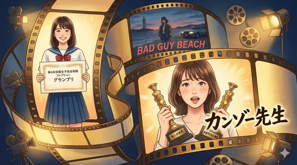 1995年の制服コレクショングランプリ受賞(映画デビュー)と、1998年の映画『カンゾー先生』での日本アカデミー賞受賞(トロフィーを持つ姿)を描いた、映画フィルム風のイラスト。