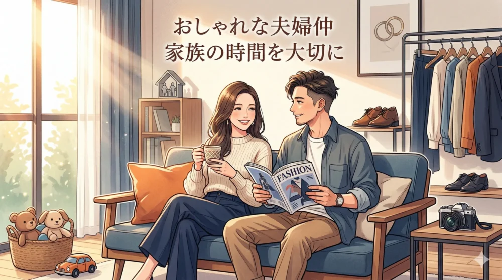 スイリストの夫・伊賀大介さんと麻生久美子さんが並んで座り、ファッションアイテムや「FAMILY TIME」の文字に囲まれた、おしゃれで暖かみのある夫婦イラスト。プライベートを大切にする様子。