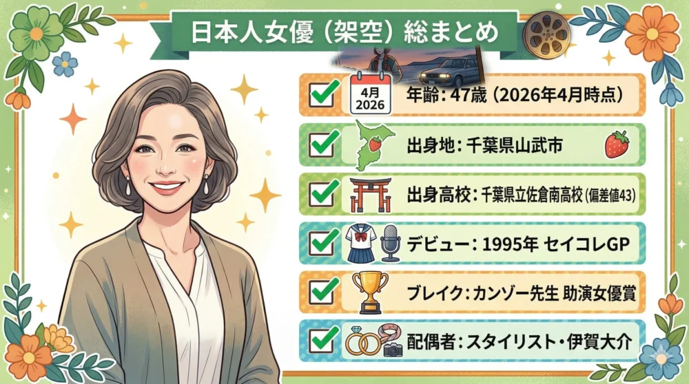 麻生久美子さんの年齢、出身地、学歴、デビュー、夫(伊賀大介さん)などの重要ポイントをまとめたチェックリスト形式の図解イラスト。2026年最新。