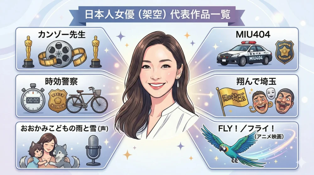 麻生久美子さんの代表的な出演作(カンゾー先生、時効警察、おおかみこどもの雨と雪、MIU404、翔んで埼玉)をアイコンと作品名でまとめた図解イラスト。