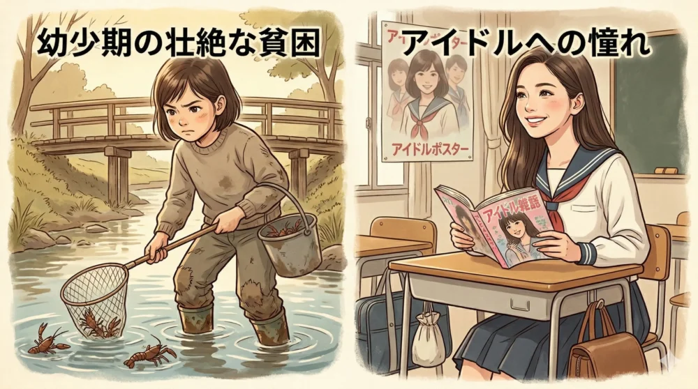 麻生久美子さんの子供時代の貧困経験(川でザリガニを捕る様子)と、中学校時代のアイドルへの憧れを対比させた回想風イラスト。