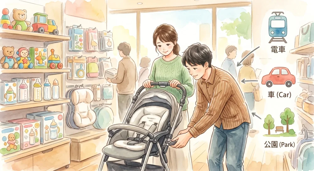 店舗でベビーカーを試乗し、生活スタイルに合った選び方を検討する夫婦のイラスト