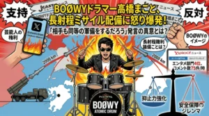 BOØWYドラマー高橋まことがミサイル配備に怒りドラムを叩くキャッチーなイラスト。J-CASTニュース、ヤフコメ、ミサイル射程、安全保障のジレンマ、賛否両論を統合。