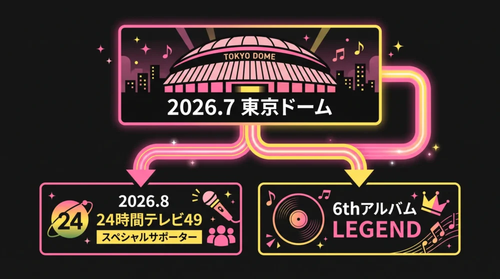 東京ドーム公演後の2026年8月時点の活動をまとめた図解