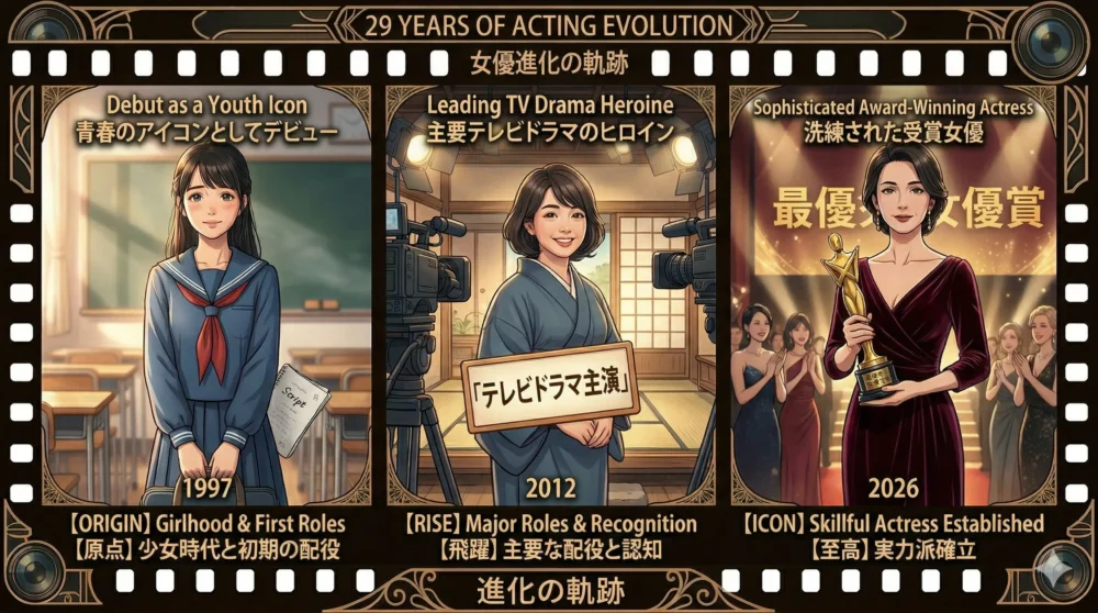 リハウスガール（15歳）から実力派女優（44歳）へと進化を遂げた、池脇千鶴の29年間の女優人生を象徴するタイムラインイラスト。