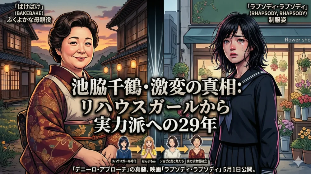 池脇千鶴の激変の真相と29年の軌跡を解説するブログ記事用アイキャッチ画像。ふくよかな母親役とスリムな最新作の姿を対比。