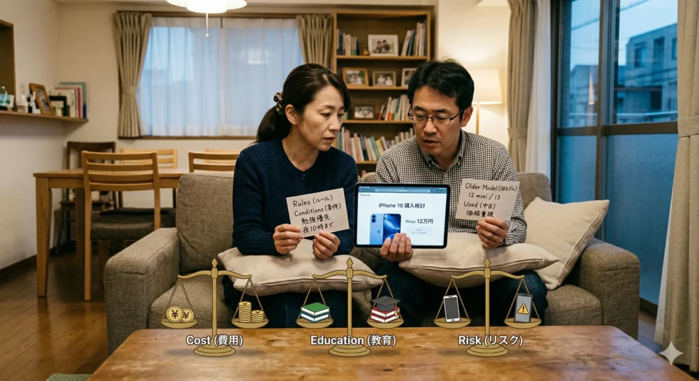 中学生の子どもに12万円のiPhoneを買うべきか、費用、教育、リスクの3軸で検討する親の様子。