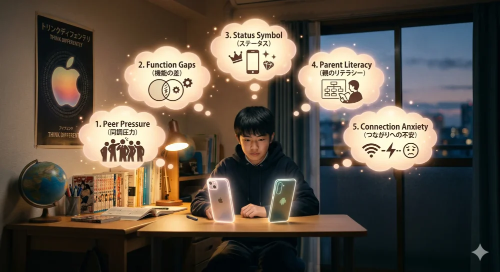 中学生がiPhoneにこだわる5つの理由(同調圧力、機能、ステータス、親の理解、つながりへの不安)を象徴的に表現したイメージ。