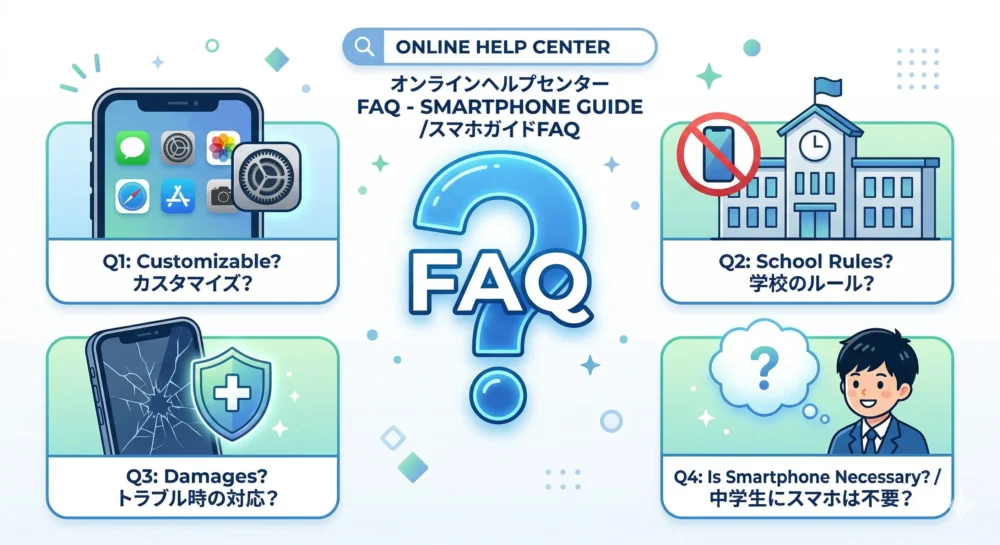 中学生のスマホ問題に関するよくある質問(FAQ)のアイコンとテキストを描いたインフォグラフィック。