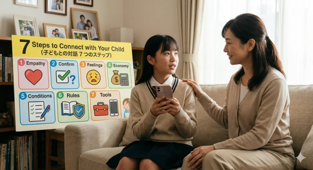 親子でソファに座り、スマホ問題について対話する様子。背景に「子どもとの対話 7つのステップ」のインフォグラフィック。