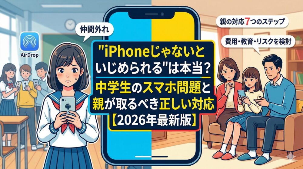 「iPhoneじゃないといじめられる」は本当？中学生のスマホ問題と親が取るべき正しい対応【2026年最新版】の記事タイトルが入った、中学生の疎外感と親子の対話を描いたアイキャッチ画像。
