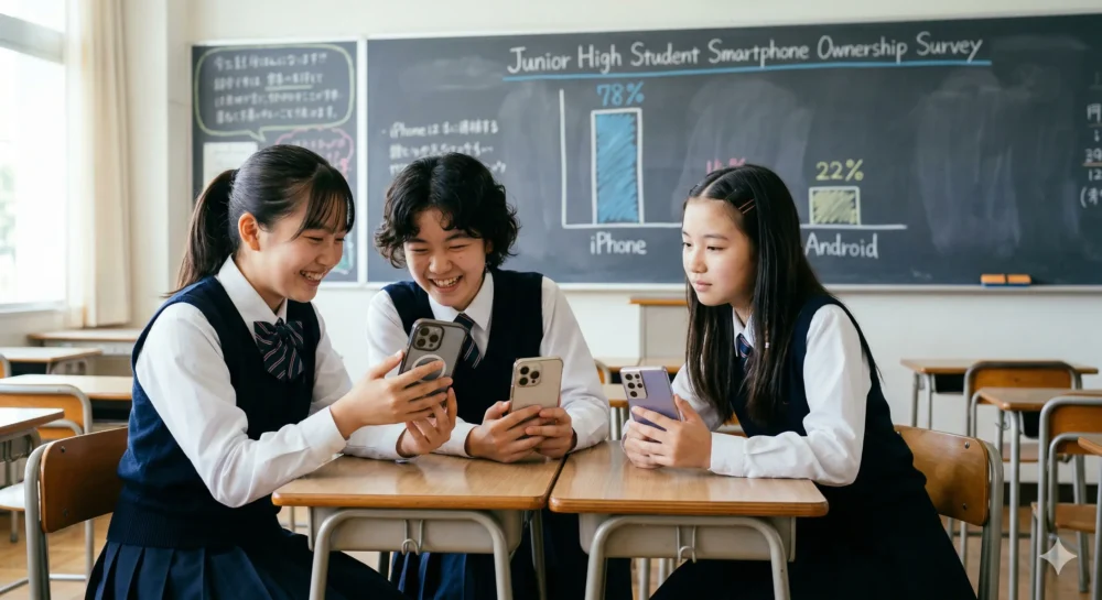 中学生の女子生徒が教室でiPhoneとAndroidのスマートフォンを見せ合う様子。iPhoneが多数派で、Androidを持つ生徒が少し離れている。