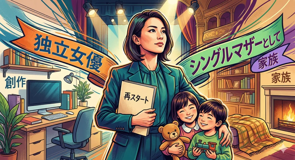 独立女優として新しい台本を持ち、シングルマザーとして2人の子供と歩み出す、決意を秘めた女性の力強い再スタートを表現したイラスト。