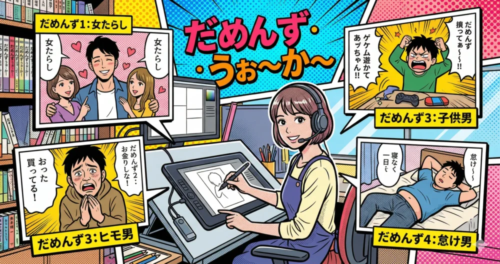 倉田真由美のヒット作『だめんず・うぉ〜か〜』のイメージイラスト。恋愛の定義を変えた漫画の世界観を表現。
