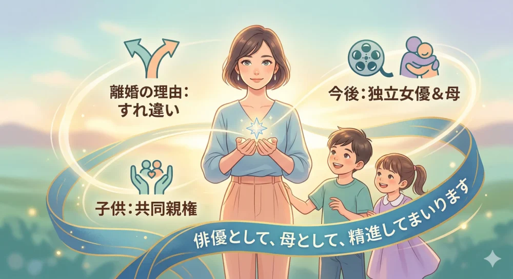 離婚理由、共同親権、今後の活動（独立女優、母）をまとめ、決意と未来への希望を表現したイラスト。