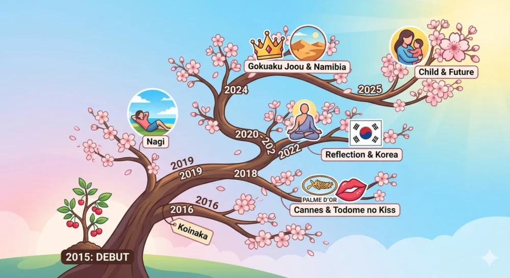 2015年のデビューから2025年現在までの唐田えりかの活動をまとめたインフォグラフィック年表イラスト