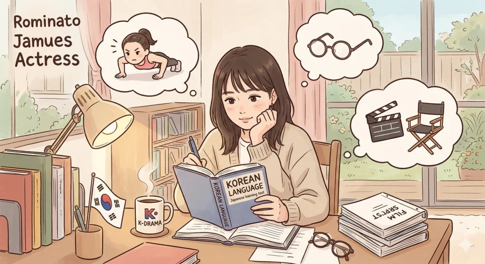 韓国語を勉強し、真面目に役作りに取り組む唐田えりかのプライベートをイメージしたイラスト