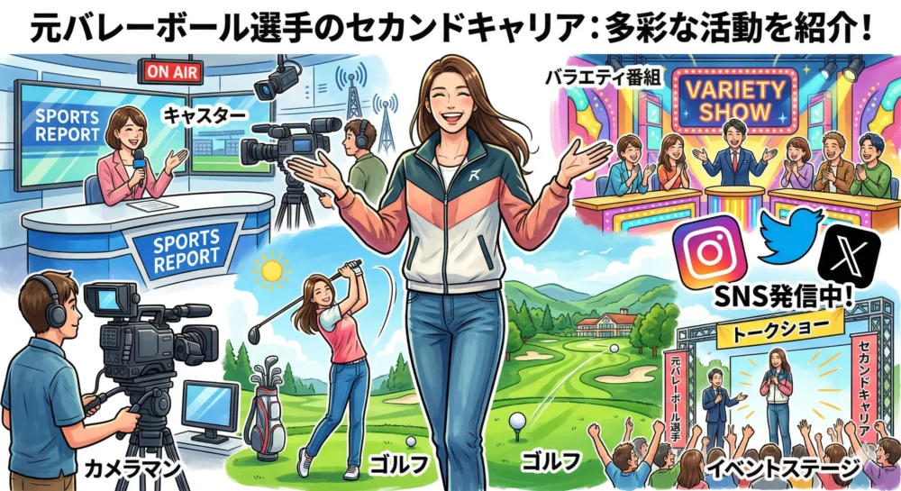 女性元バレーボール選手の引退後の活動(スポーツキャスター、タレント、ゴルファー、SNS発信)を紹介するマルチ活動イラスト