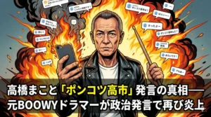 高橋まこと氏の「ポンコツ高市」発言による炎上と、元BOOWYドラマーとしての彼を描いたインパクトのあるアイキャッチ画像。タイトル入り。