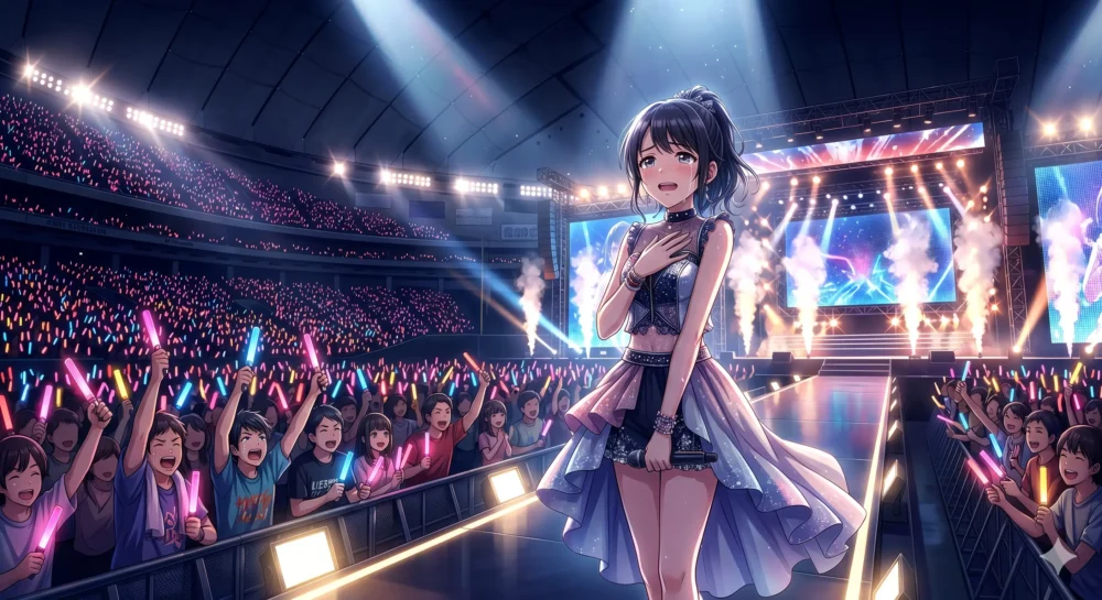 念願の大型ドーム公演を実現し、満員のファンの熱狂とペンライトの光に包まれてステージに立つ女性アーティストのイラスト