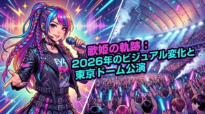 2026年にビジュアルが激変して話題となった女性アーティストと、念願の東京ドーム公演の軌跡を表現したポップなイラスト