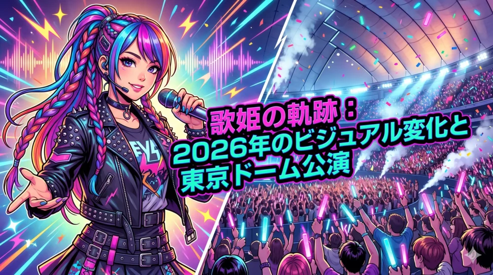 2026年にビジュアルが激変して話題となった女性アーティストと、念願の東京ドーム公演の軌跡を表現したポップなイラスト