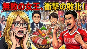 2026年4月27日放送の有吉ゼミにて、1年4ヶ月ぶりに大食いチャレンジで敗北したギャル曽根と、勝利したカゲヤマ益田康平の激闘を描いた衝撃のアイキャッチ画像。