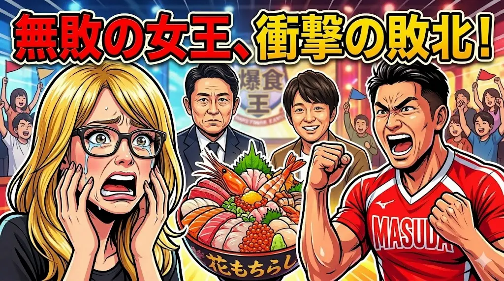 2026年4月27日放送の有吉ゼミにて、1年4ヶ月ぶりに大食いチャレンジで敗北したギャル曽根と、勝利したカゲヤマ益田康平の激闘を描いた衝撃のアイキャッチ画像。