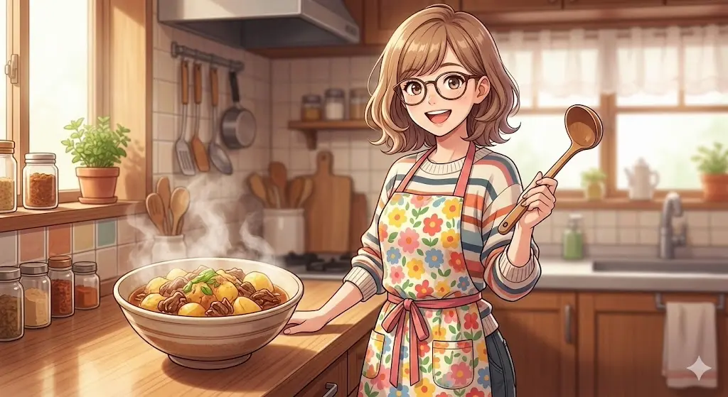 20年のキャリアを持つ大食い女王であり、料理研究家としても活躍する女性タレントのイメージイラスト