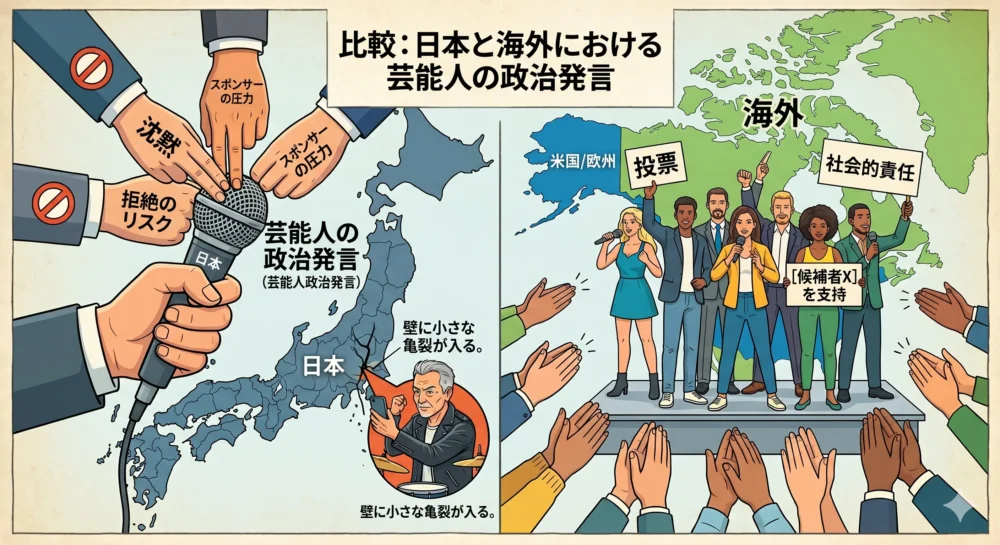 日本と海外における芸能人の政治発言に対する文化の違いと、日本でのSNSによる変化を描いた図解。