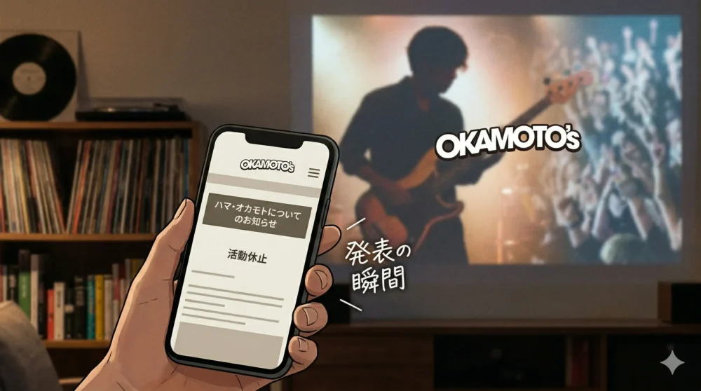 ハマ・オカモト活動休止の公式発表がされた公式サイトと、それをスマートフォンで確認する心配そうなファンの姿、そして以前のライブ会場の様子が重なる画像