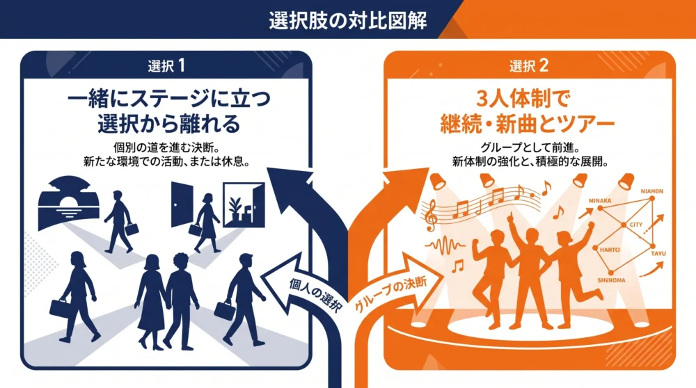 バンドを離れる決断と3人体制で歩み出すOKAMOTO'Sを対比した図解