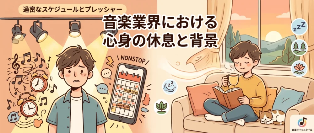 音楽業界におけるメンタルヘルスとアーティストの心身の休息・疲弊の背景図解