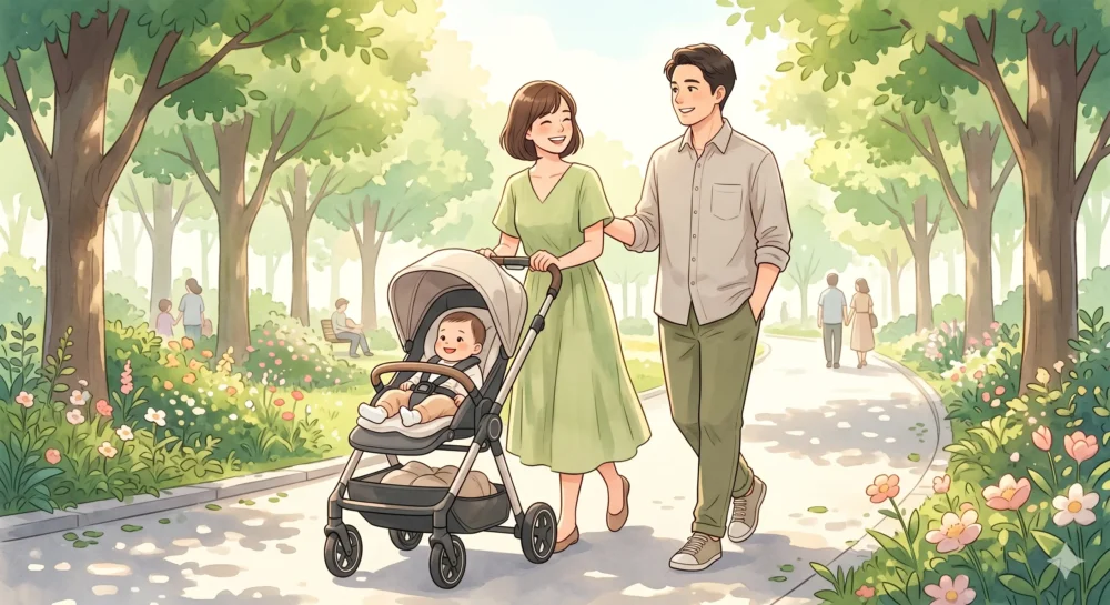 自分たちの価値観で選んだベビーカーで自信を持って幸せそうに散歩を楽しむ家族（母・父・子）のイラスト